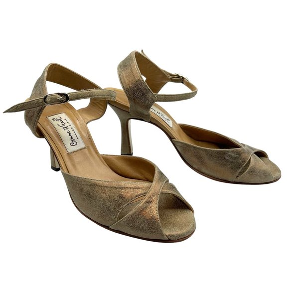 COMME IL FAUT METALLIC GOLD PRINTED SUEDE CRISSCROSS OPENBACK TANGO SANDALS SZ 8 - Picture 2 of 12